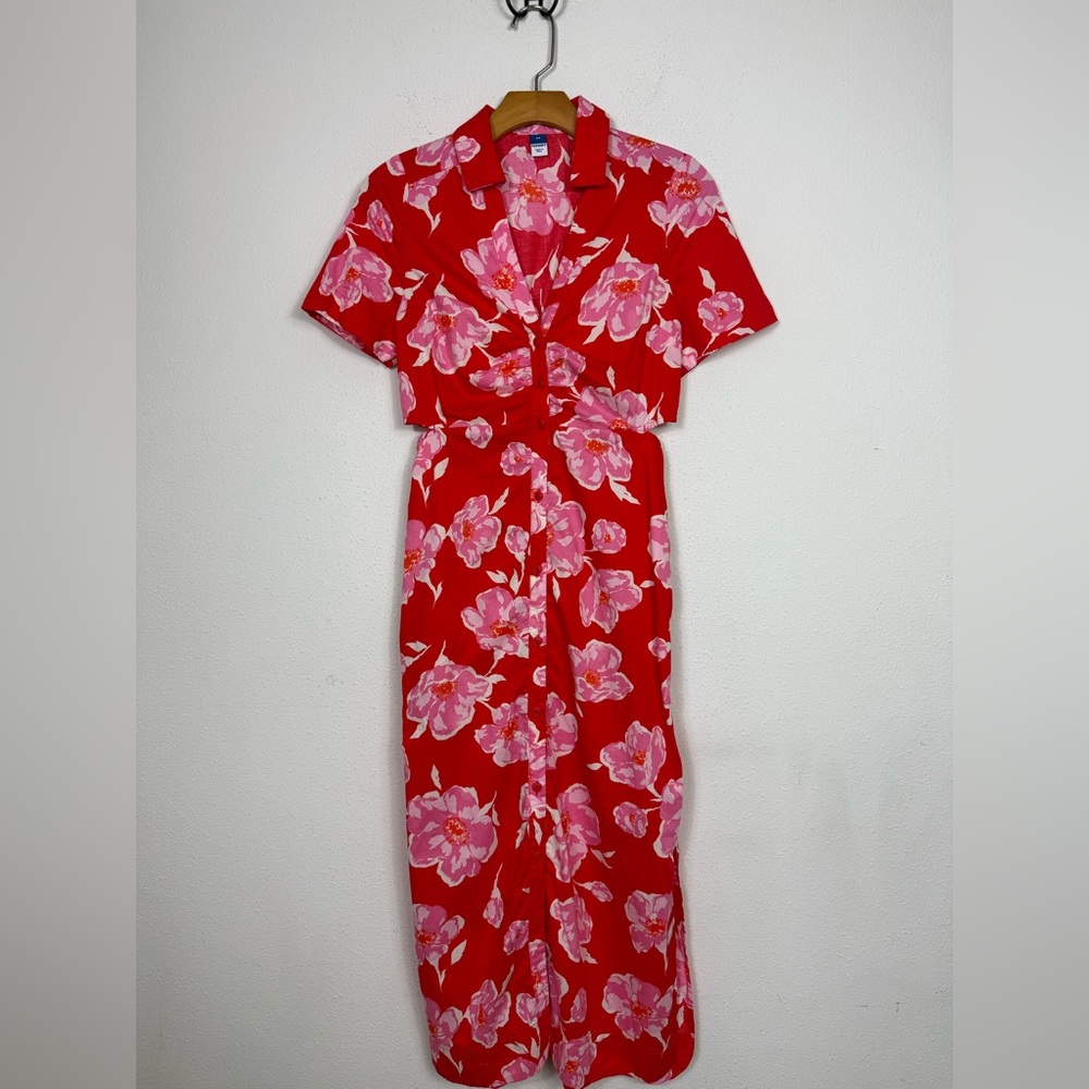 Old Navy Cutout Midi Shirt Dress Pink Floral Summer Collar Button Front XS - Picture 3 of 9